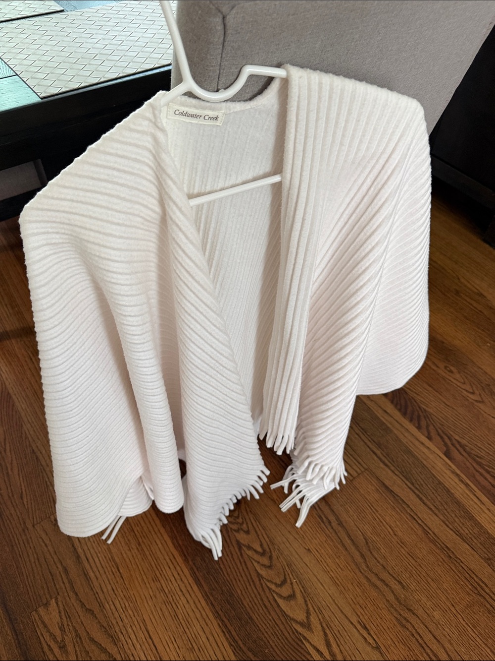 Coldwater Creek Cream Ribbed Fringe Poncho Wrap